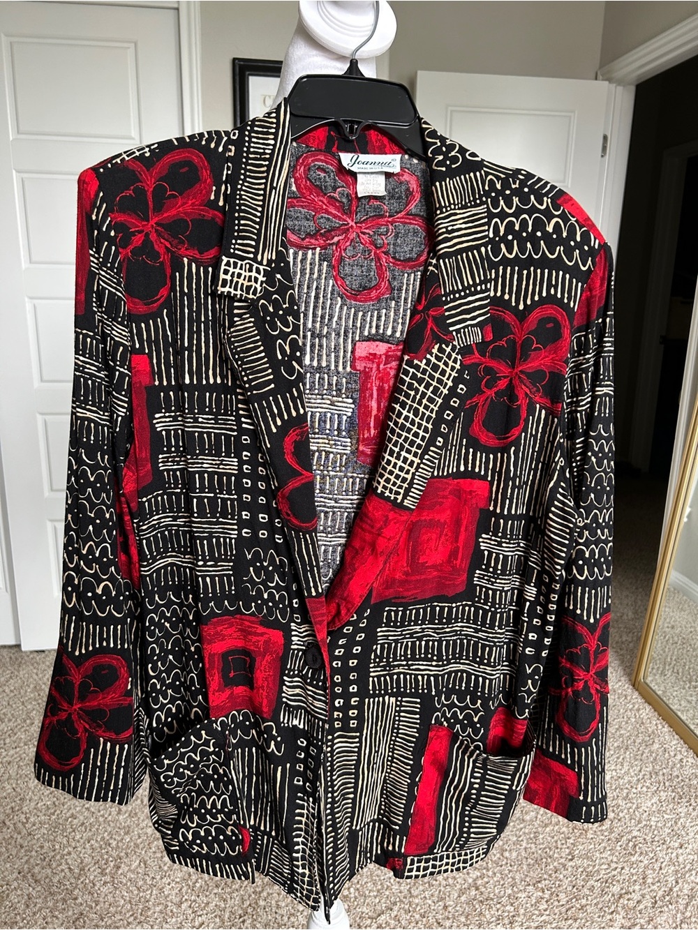 Vintage Joanna USA Abstract Art Print Blazer Jacket L Black Red Boho 90s